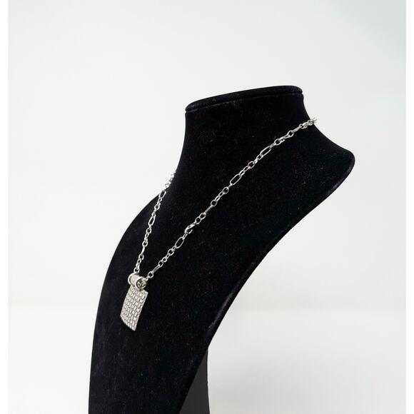 Silver Tone Necklace Link Chain Square Textured Geometric Pendant - Picture 4 of 5